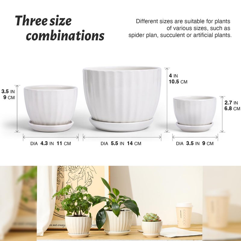STHIE Ceramic Plant Pots with Drainage Holes and Saucers  Round White Flower Pots for Indoor Plant  Diameter 3.3/4.3/5.5 Inches Small Flower Planters Set of 3 - Image 3
